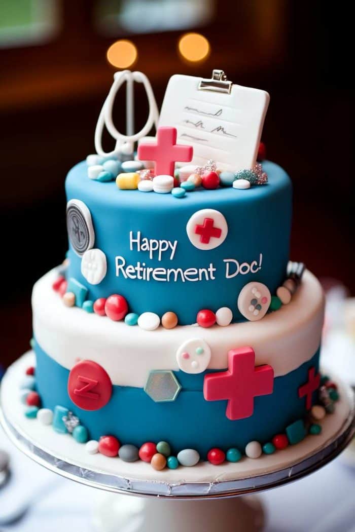 A retirement cake celebrating a doctor's career, featuring a base of rich chocolate cake layered with vanilla buttercream. The cake is encased in white fondant and adorned with fondant medical symbols, including a stethoscope, a red cross, and a prescription pad. Small fondant pills are scattered around the cake, and a fondant doctor's coat drapes over the side. The top is inscribed with 'Happy Retirement, Dr. [Name]!' in elegant script, adding a personal touch.