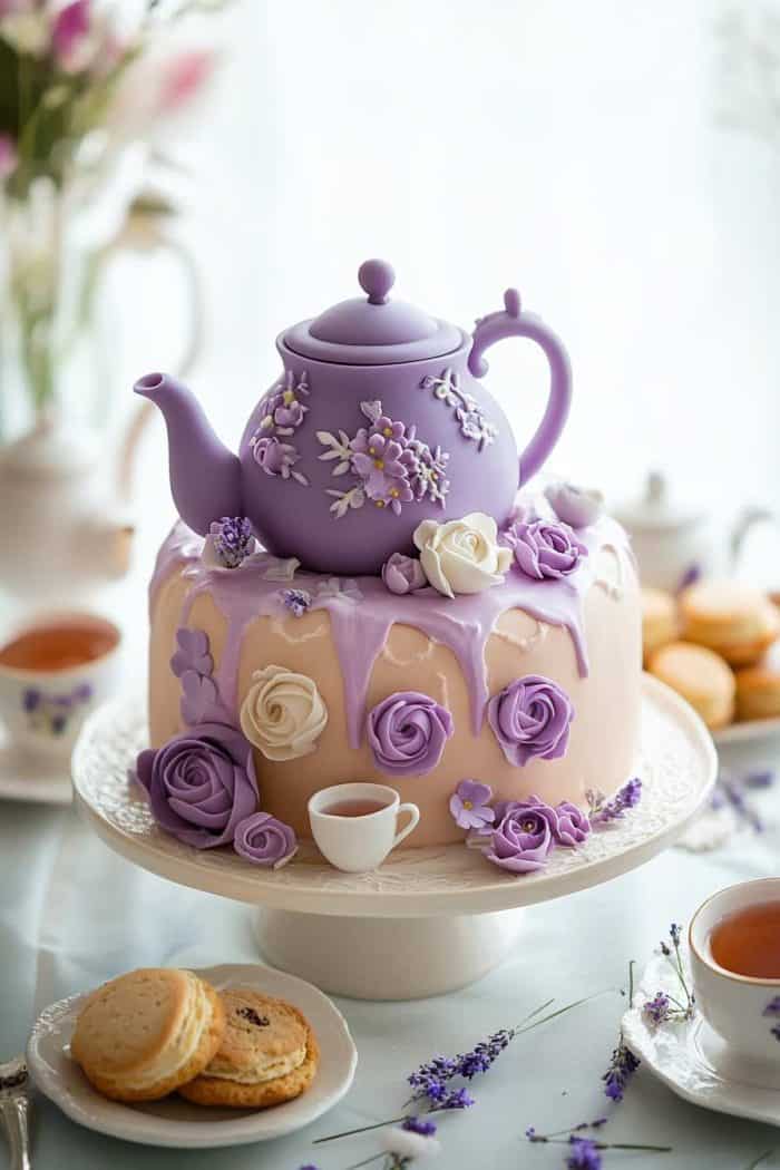 A charming tea-time cake celebrating a retiree's love for tea sessions, featuring a base of classic Earl Grey cake layered with lavender-infused buttercream for a sophisticated and aromatic flavor. The top is adorned with a fondant teapot, complete with intricate floral patterns, and matching teacups filled with fondant tea. Surrounding the teapot and cups are fondant cookies, scones, and tiny fondant tea bags labeled with different tea varieties, creating an inviting and delightful tea party scene.