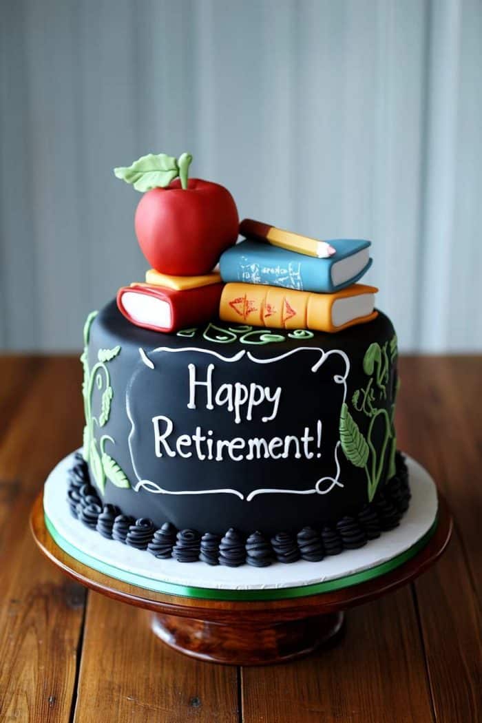 A retirement cake celebrating a teacher's dedication to education, featuring a base of classic apple spice cake symbolizing the traditional apple for teachers. The cake is covered in fondant designed to resemble a chalkboard, complete with fondant chalk and an eraser. Fondant decorations include a stack of books, a ruler, and a red apple on top. The message 'Happy Retirement, [Teacher’s Name]!' is written in white icing, resembling chalk on the board.