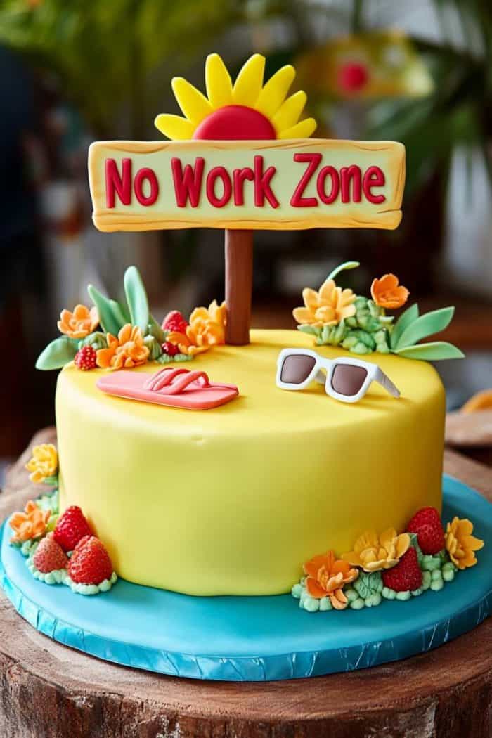 A 'No Work Zone' retirement cake celebrating relaxation, featuring a base of vanilla cake layered with strawberry filling for a sweet touch. The cake is covered in bright yellow fondant and adorned with fondant decorations like a hammock, sunglasses, and flip-flops. A fondant signpost on top displays the text 'No Work Zone' prominently. The cake is finished with a border of fondant flowers and greenery, evoking a peaceful, vacation-like atmosphere.