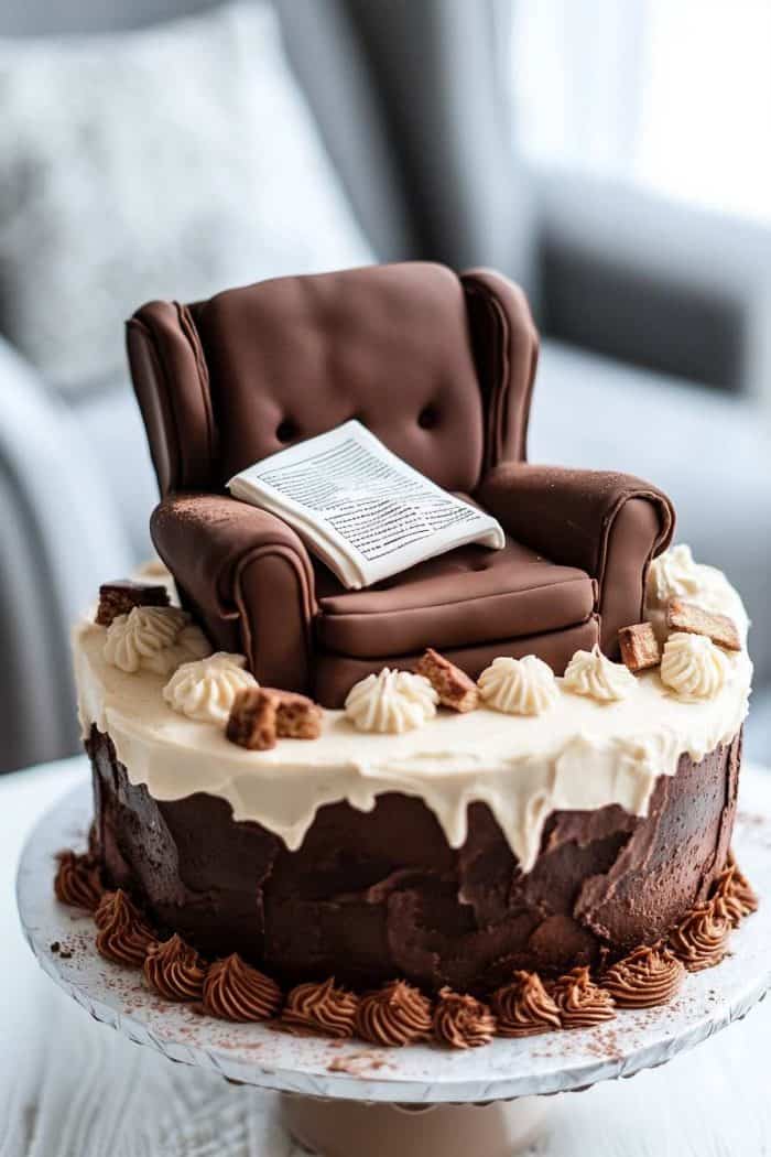 A relaxing retirement-themed cake topped with a fondant recliner chair, featuring a cozy blanket draped over the side. The base is a soft, velvety chocolate cake layered with mocha buttercream, providing a comforting treat. Edible wafer paper is creatively used to create a small newspaper or book resting on the arm of the chair, adding a fun decorative touch.