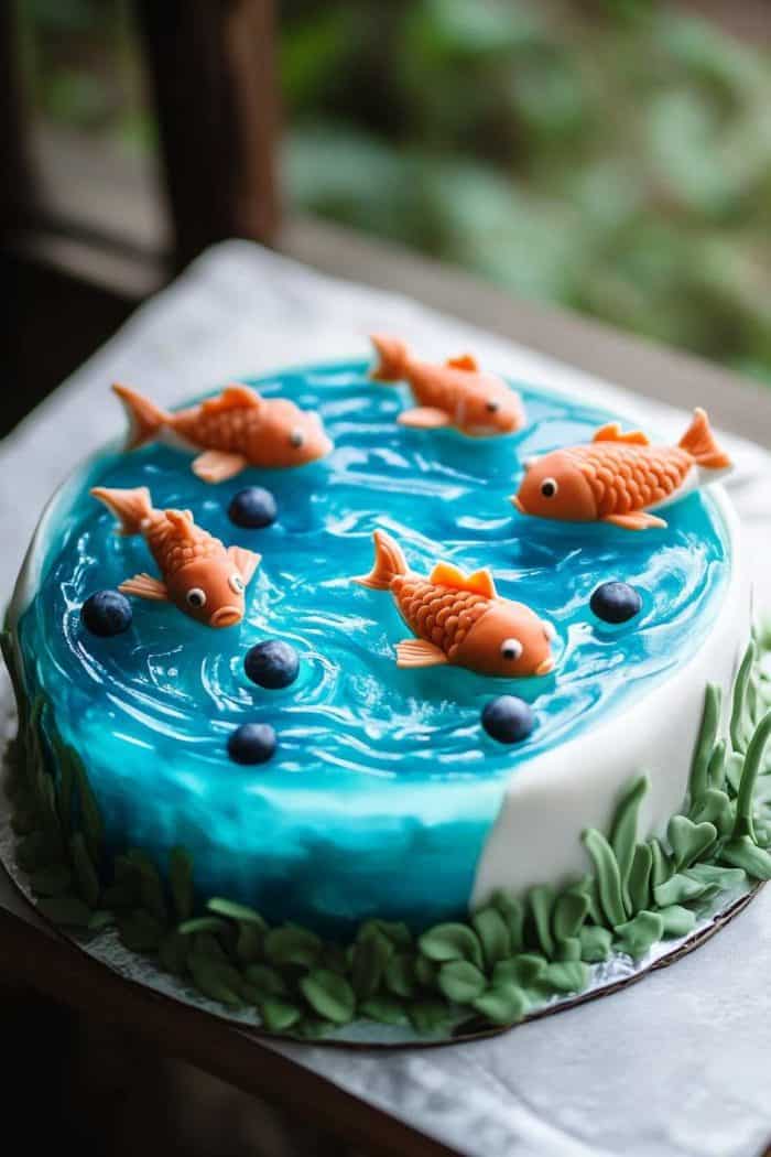 A serene fishing-themed cake designed for a retiree who finds peace by the water, featuring a pond made of blue-tinted gelatin or piping gel for a realistic water effect. Small fondant fish are sculpted and placed in and around the pond, creating the illusion of them jumping out of the water. The base is a lemon cake filled with blueberry filling, resembling a pond while offering a refreshing taste.