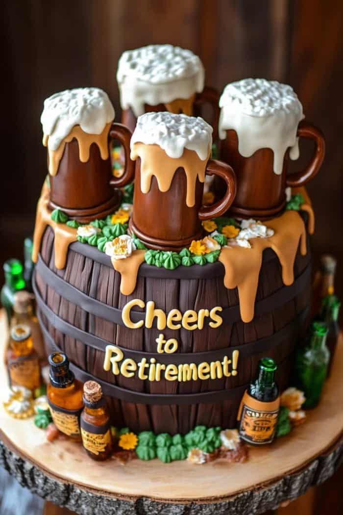 A beer-themed cake celebrating retirement, featuring a base of rich chocolate cake layered with creamy caramel filling. The cake is covered in fondant to resemble a wooden beer barrel, topped with fondant beer mugs overflowing with frothy foam. Edible beer bottles are placed around the base, and the text 'Cheers to Retirement!' is displayed in bold, festive letters.