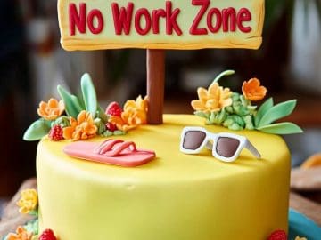 A 'No Work Zone' retirement cake celebrating relaxation, featuring a base of vanilla cake layered with strawberry filling for a sweet touch. The cake is covered in bright yellow fondant and adorned with fondant decorations like a hammock, sunglasses, and flip-flops. A fondant signpost on top displays the text 'No Work Zone' prominently. The cake is finished with a border of fondant flowers and greenery, evoking a peaceful, vacation-like atmosphere.