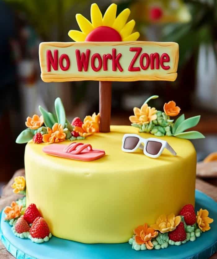 A 'No Work Zone' retirement cake celebrating relaxation, featuring a base of vanilla cake layered with strawberry filling for a sweet touch. The cake is covered in bright yellow fondant and adorned with fondant decorations like a hammock, sunglasses, and flip-flops. A fondant signpost on top displays the text 'No Work Zone' prominently. The cake is finished with a border of fondant flowers and greenery, evoking a peaceful, vacation-like atmosphere.