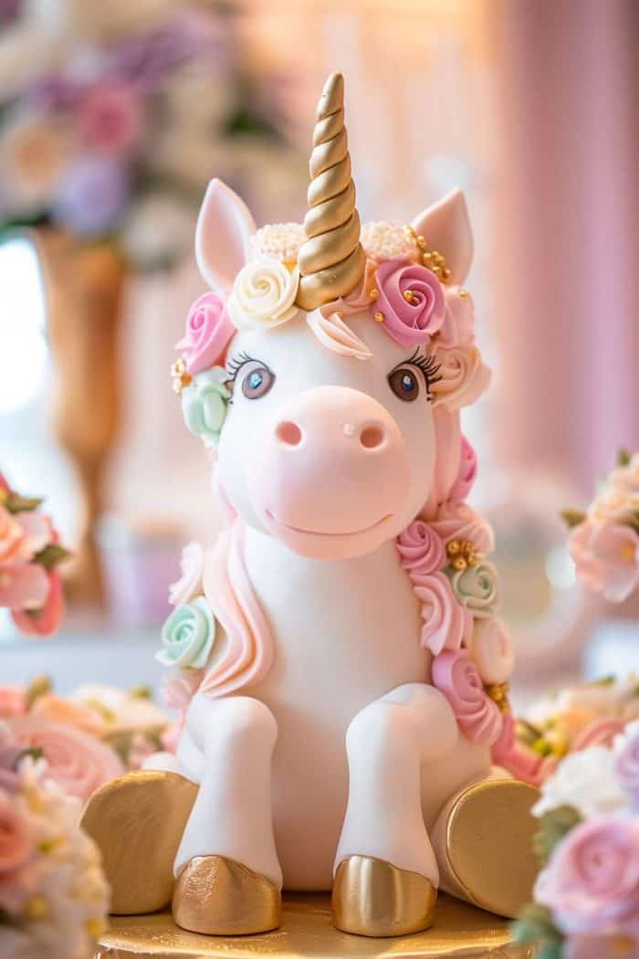 A detailed cake designed as a white unicorn with a golden horn and pastel flower decorations, surrounded by pink floral arrangements.