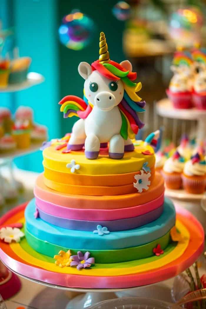 A colorful three-tiered cake with a rainbow and unicorn theme, topped with a fondant unicorn and surrounded by assorted cupcakes and decorations.