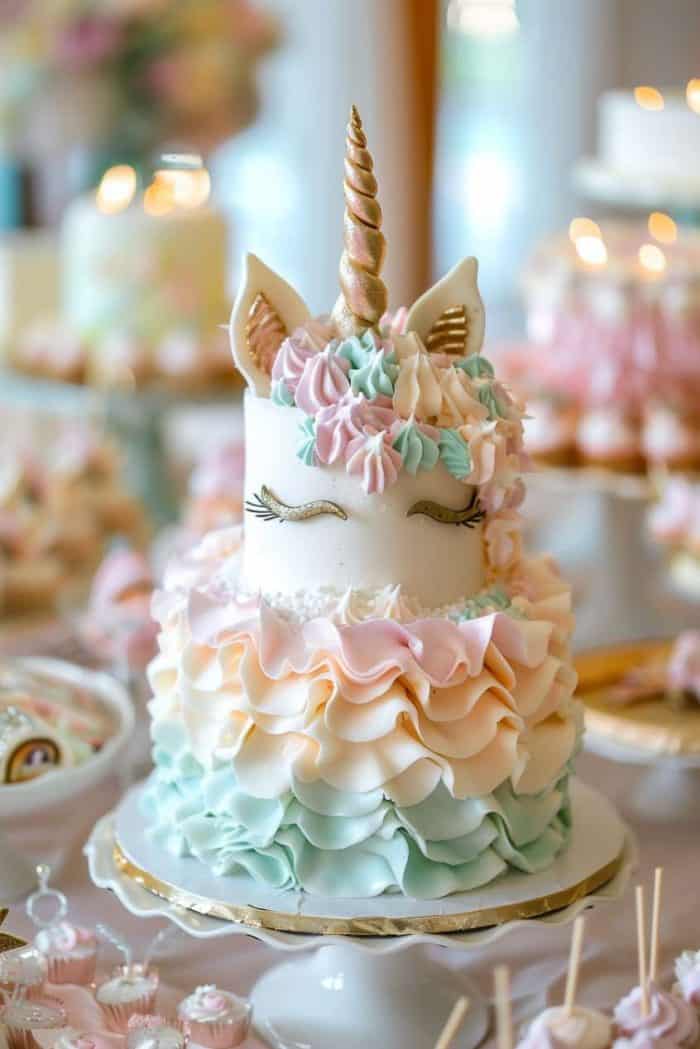 A two-tiered unicorn-themed cake with pastel ruffles and a golden horn on a white platter, surrounded by various confections.
