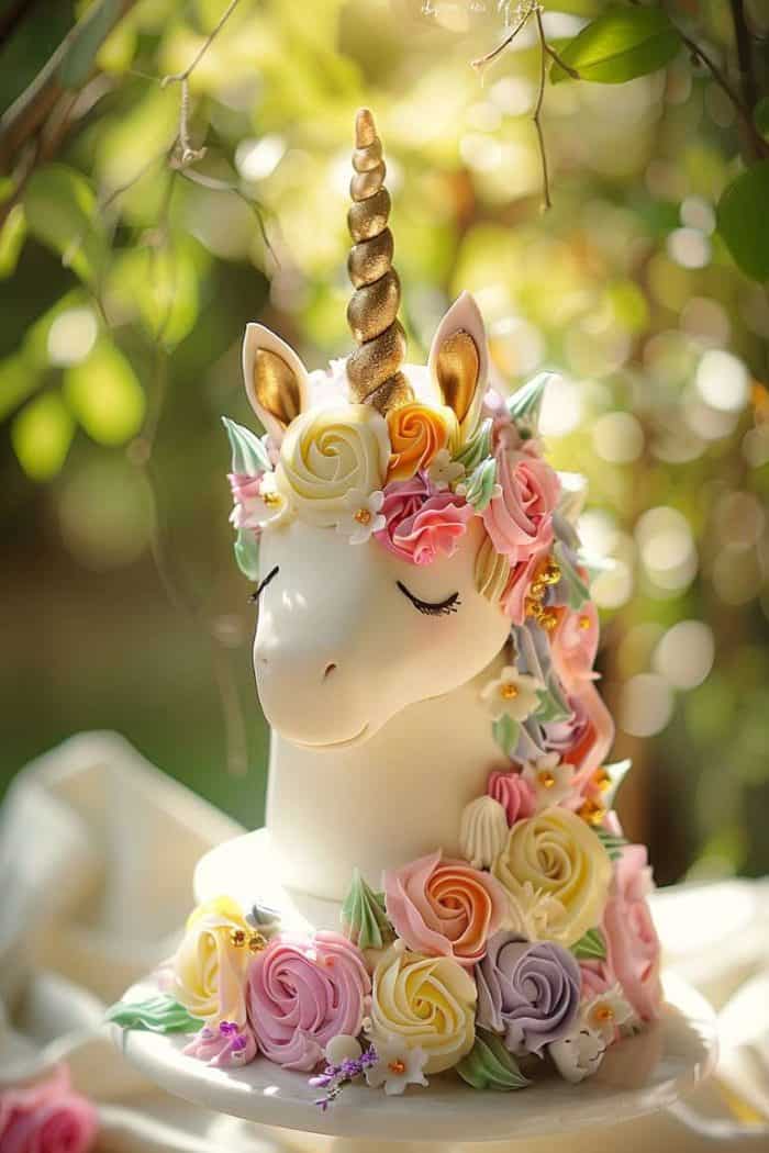 A beautifully decorated unicorn cake with pastel-colored flowers and a golden horn, set against a backdrop of greenery.