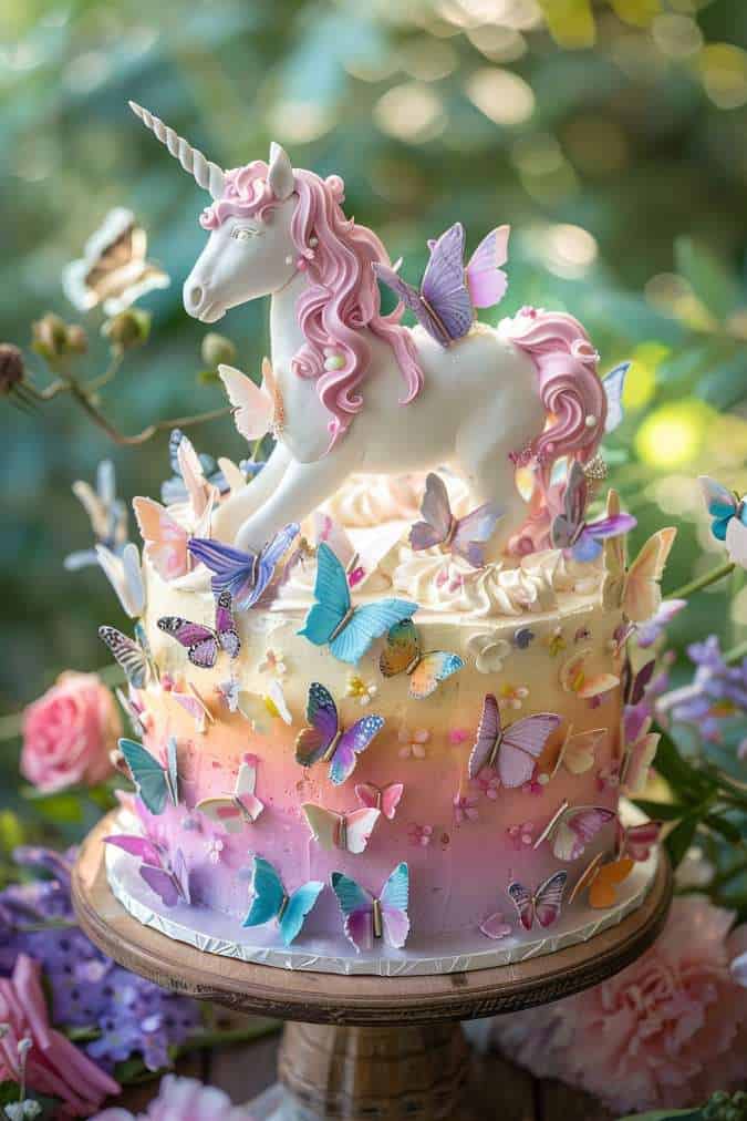 A multi-colored cake with a unicorn figure on top, adorned with pink, purple, and blue butterflies, surrounded by flowers in the background.