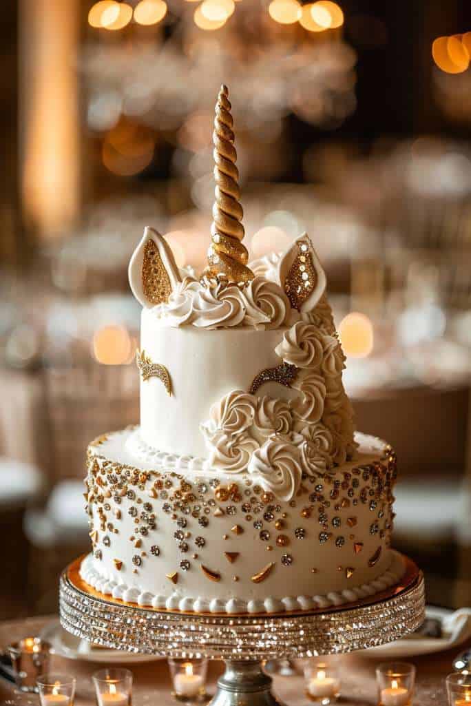 A two-tiered cake decorated with a unicorn horn, ears, and mane. The cake features white frosting, gold accents, and is displayed on a silver stand surrounded by candles.