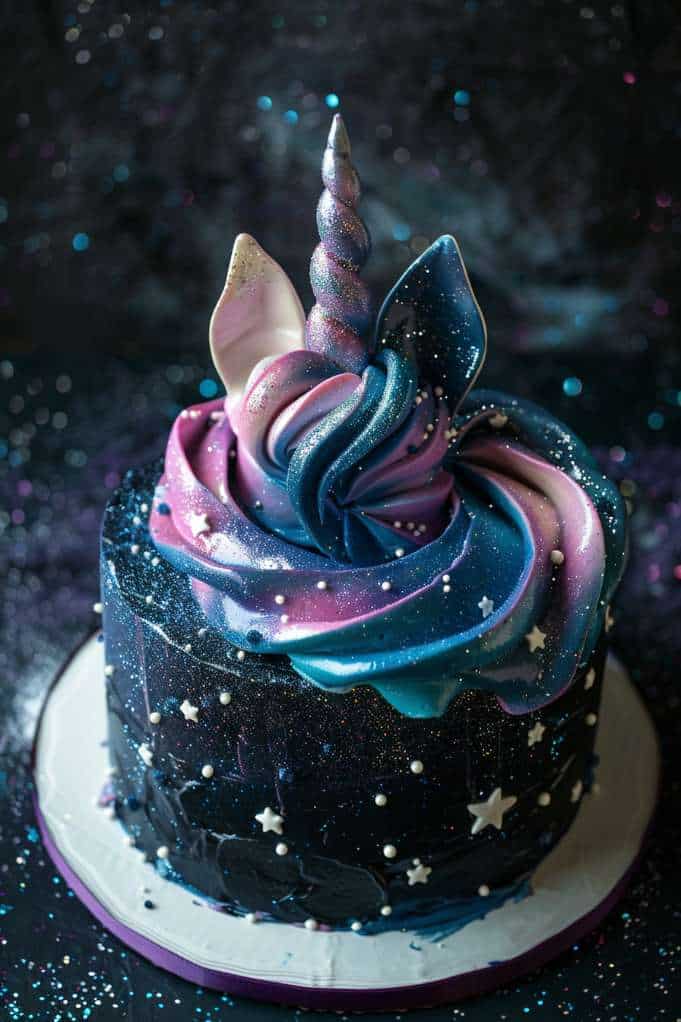 A cake decorated with an iridescent galaxy theme, featuring a unicorn horn and ears, star-shaped sprinkles, swirls of blue, purple, and pink frosting, on a round white and purple base.