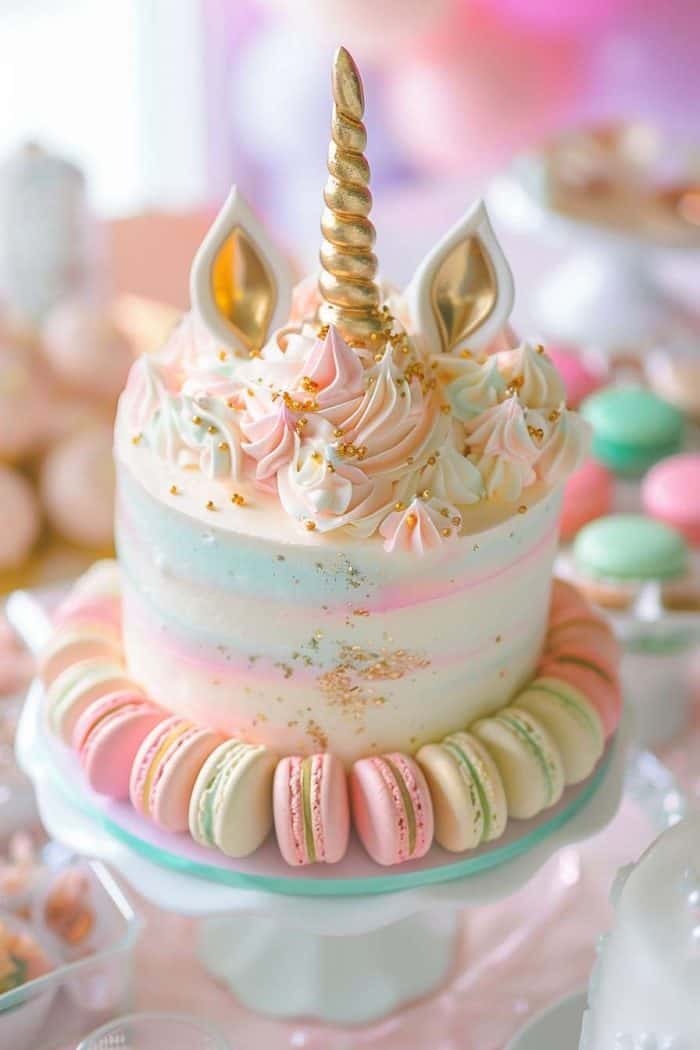 A unicorn-themed cake with pastel colors, gold detailing, and unicorn horn, ears, and filled with decorative macarons at its base, sits on a white cake stand.