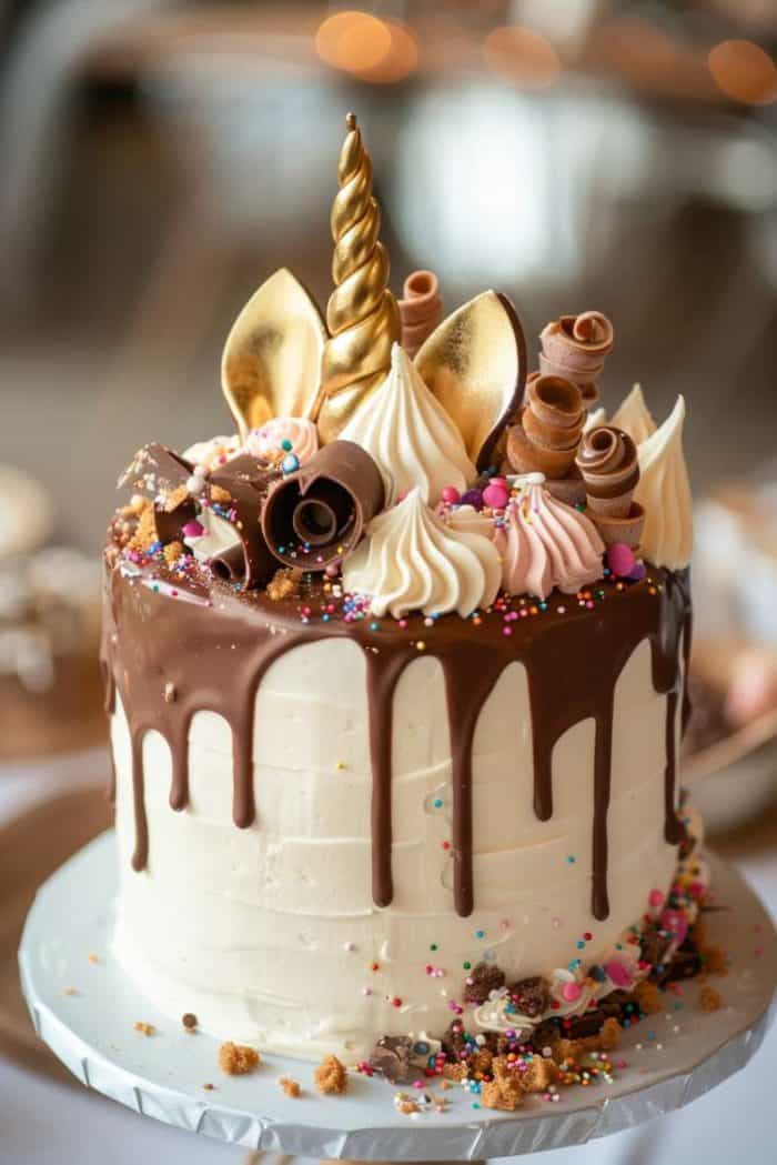 A white frosted cake with chocolate drip, decorated with various candies, sprinkles, and a gold unicorn horn and ears topper.