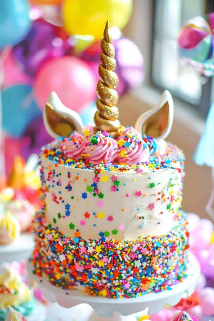 A colorful unicorn-themed cake with multicolored star and round sprinkles, a gold horn, and white ears with pink centers, is displayed on a white stand, surrounded by balloons.