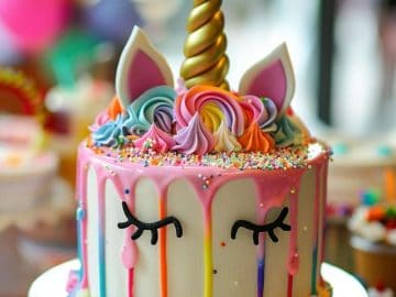 A colorful unicorn-themed cake with a gold horn, rainbow frosting, closed-eyes design, and dripping pastel icing, topped with sprinkles.