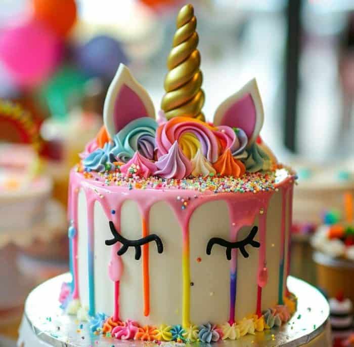 A colorful unicorn-themed cake with a gold horn, rainbow frosting, closed-eyes design, and dripping pastel icing, topped with sprinkles.
