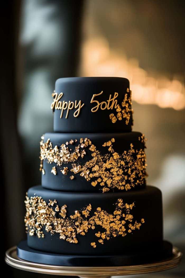 A three-tiered black cake adorned with gold leaf decorations. The top tier has "Happy 50th" written in gold script. The cake is placed on a reflective surface against a blurred background.