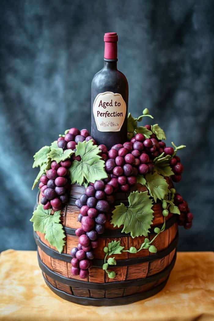 A realistic cake designed as a wooden wine barrel topped with a fondant wine bottle labeled "Aged to Perfection." The cake is adorned with cascading purple grapes and green leaves.