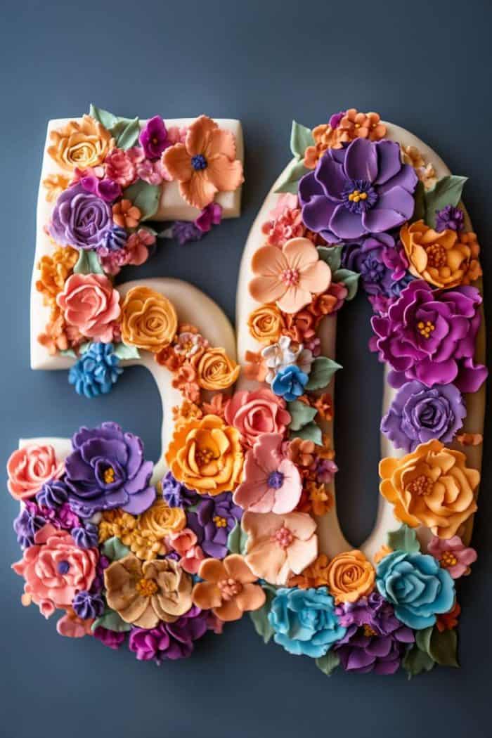 A "50" number cake is artistically decorated with colorful, intricately designed flowers made of fondant or similar material. The flowers are in shades of purple, orange, pink, and yellow, set against a dark background.