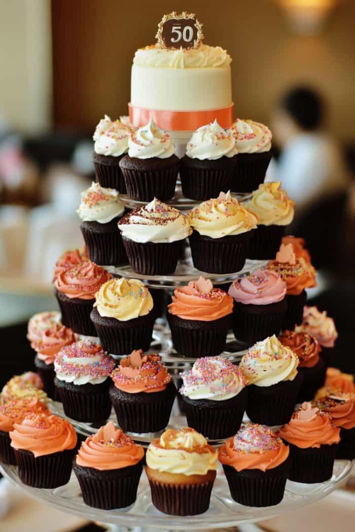 A tiered cupcake stand displays assorted cupcakes with colorful frosting and sprinkles, topped by a small cake with a "50" decoration.