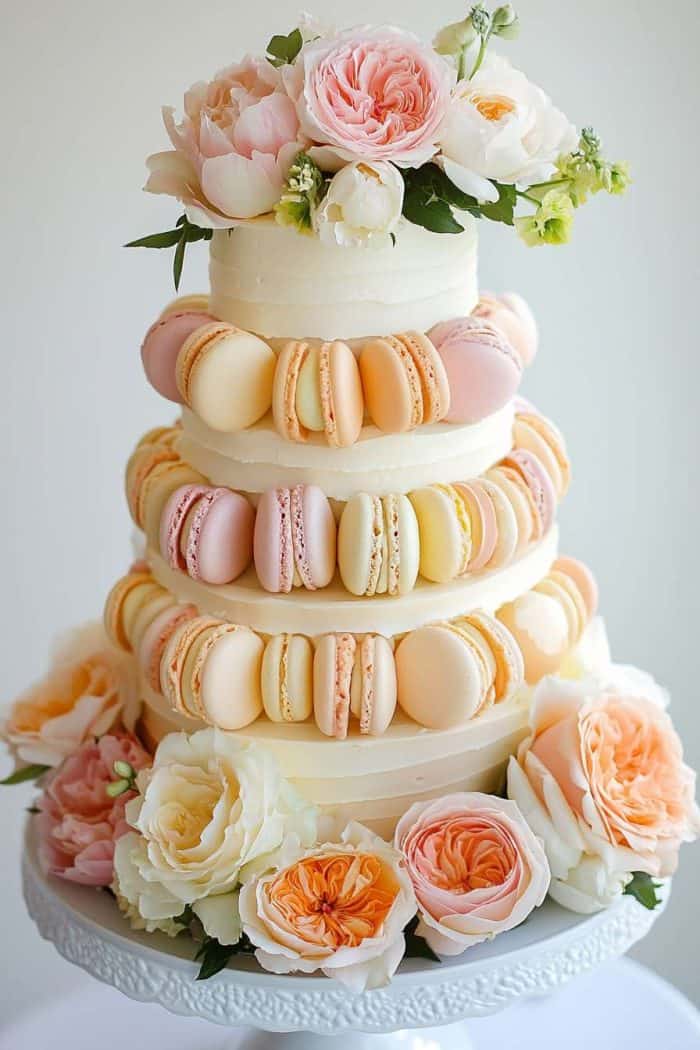 A three-tiered white cake decorated with pastel-colored macarons and topped with pink and white flowers. More flowers are arranged at the base on a decorative white cake stand.