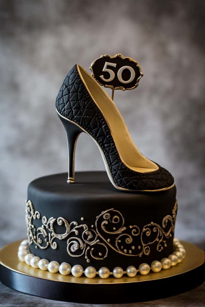 A black cake adorned with elaborate gold scrollwork and a pearl border features an edible high-heeled shoe on top. A decorative sign with the number "50" is placed beside the shoe, celebrating a 50th occasion.