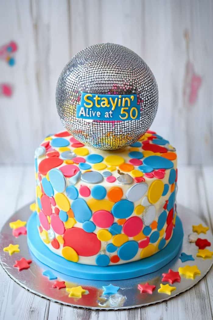 A colorful birthday cake with polka dot patterns in red, yellow, orange, and blue. Topped with a disco ball decoration that reads "Stayin' Alive at 50." Stars in matching colors are placed on the cake board.