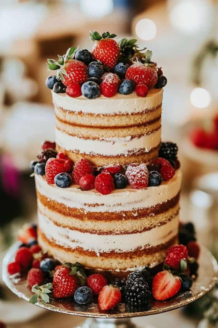 A two-tier naked cake adorned with fresh strawberries, blueberries, raspberries, and blackberries. The layers are lightly frosted, revealing the golden cake underneath. It's displayed on a silver cake stand with blurred lights in the background.