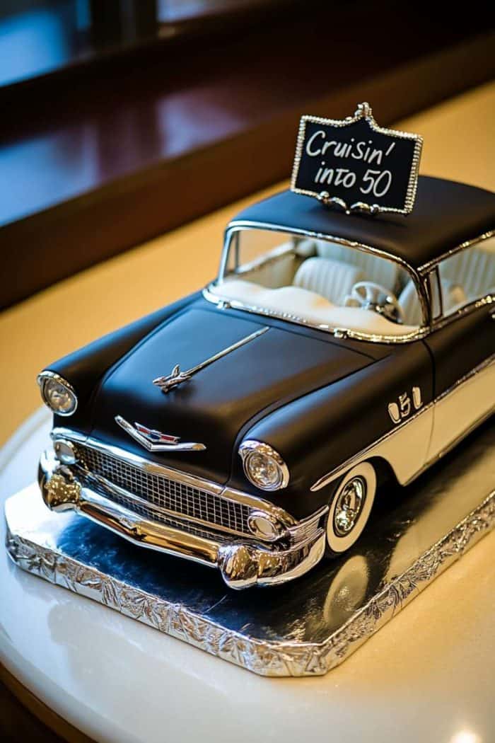 A cake shaped like a vintage black and white car with a small sign on top reading "Cruisin' into 50." It's displayed on a silver board, celebrating a 50th milestone.