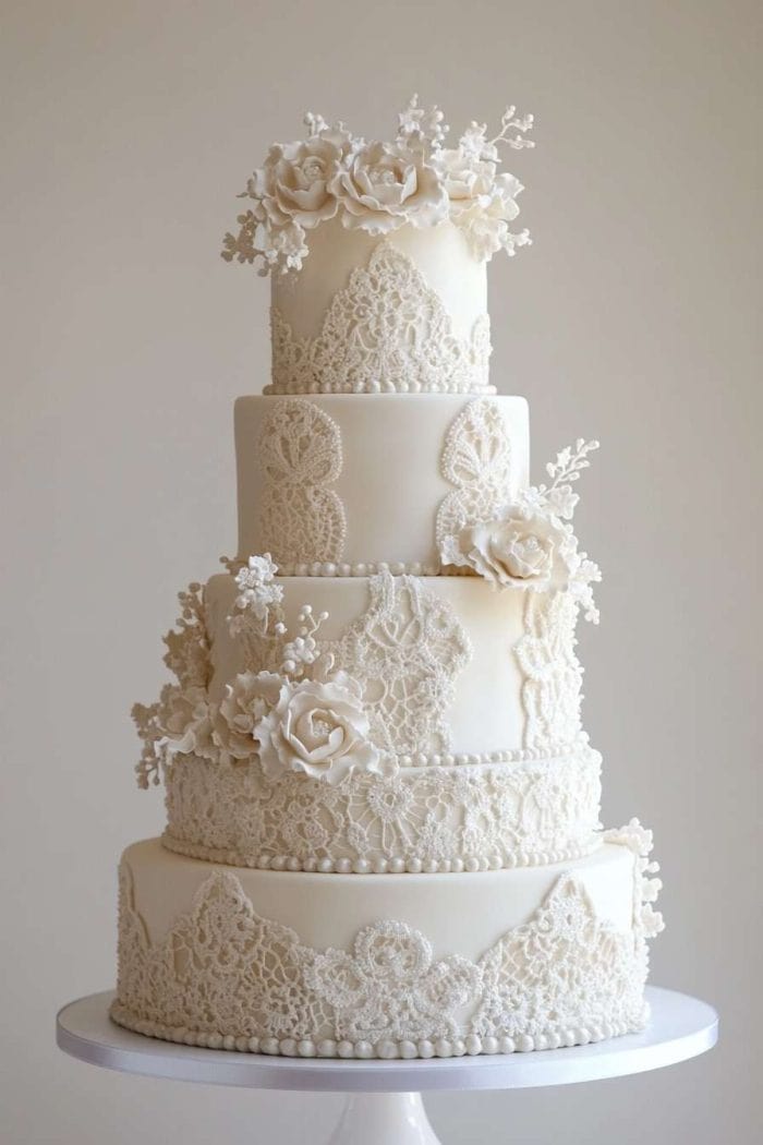 A four-tiered white cake adorned with intricate lace-like icing and floral decorations, featuring detailed flowers and elegant patterns, displayed on a white cake stand.