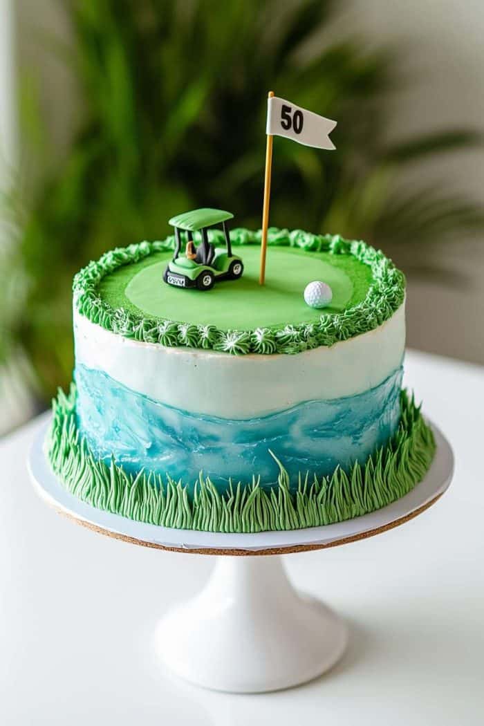 A golf-themed cake on a white stand, featuring green frosting resembling a golf course with a miniature golf cart, a flag with "50," and a small golf ball. The cake's sides are decorated with blue and green frosting to mimic grass and water.