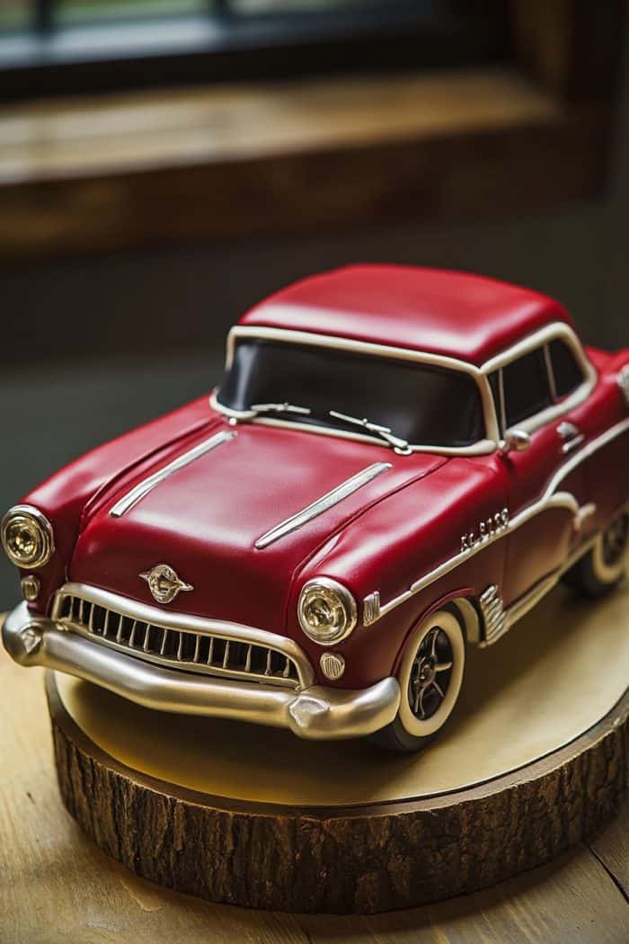 A detailed model of a vintage red car with chrome accents, displayed on a wooden surface. The car is placed on a circular wooden slab inside a room with dim lighting, highlighting its classic design features.