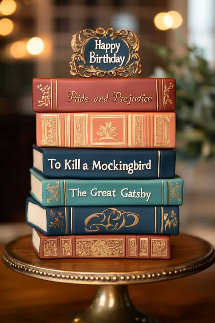 A cake designed to look like a stack of classic books, including "Pride and Prejudice," "To Kill a Mockingbird," and "The Great Gatsby." A "Happy Birthday" sign tops the cake, which sits on a decorative wooden base.
