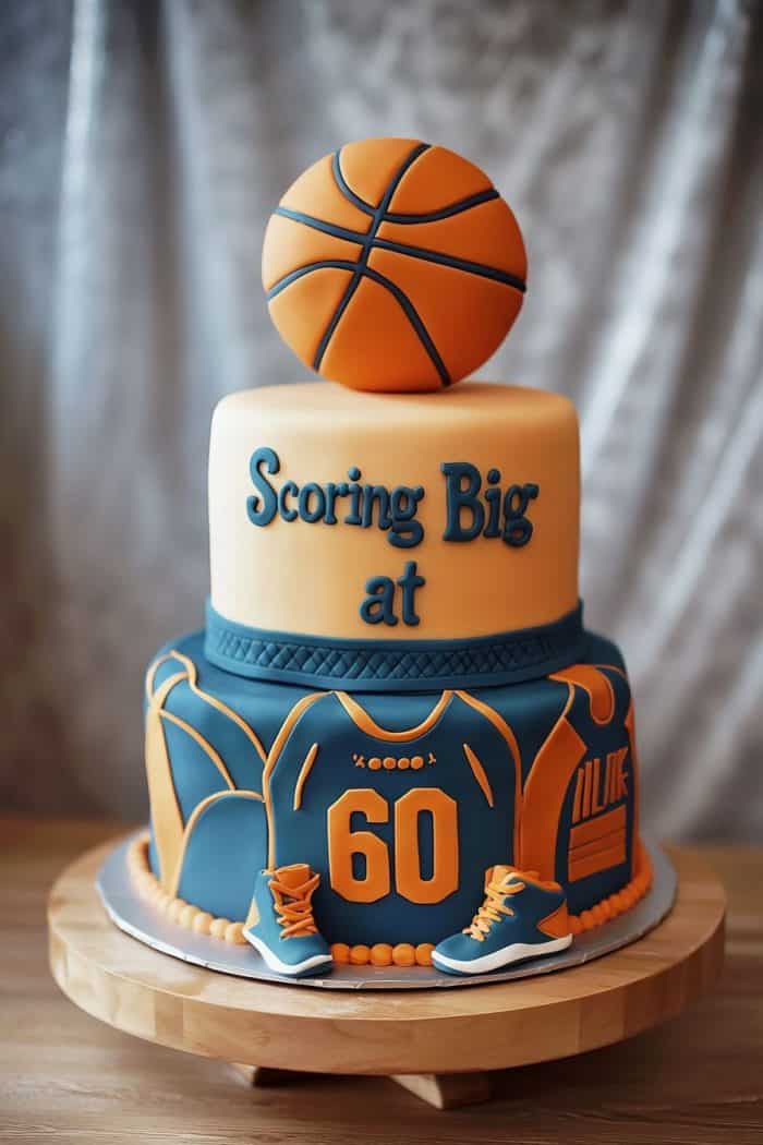 Two-tiered cake with a basketball theme. The top layer features a basketball, and the text "Scoring Big." The bottom layer has jersey designs, a number "60," and small basketball shoes. Colors are orange and blue.