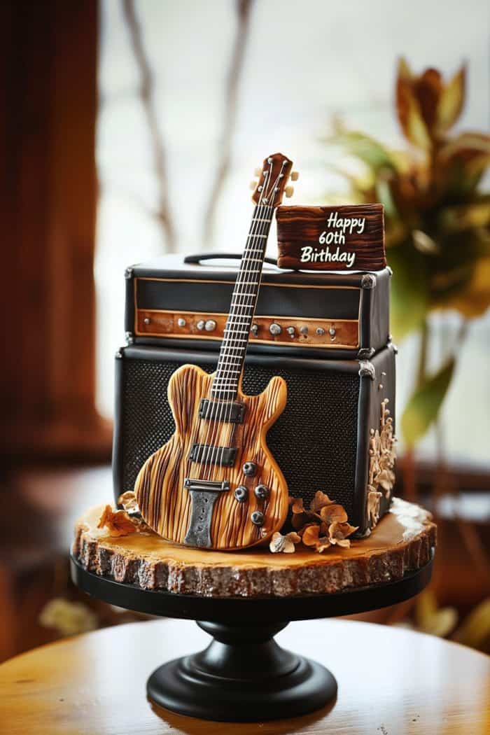 A birthday cake designed to look like a guitar and amplifier. The cake features an intricately detailed electric guitar and a realistic amp stack. A small sign reads "Happy 60th Birthday." The cake sits on a wooden slab cake stand.