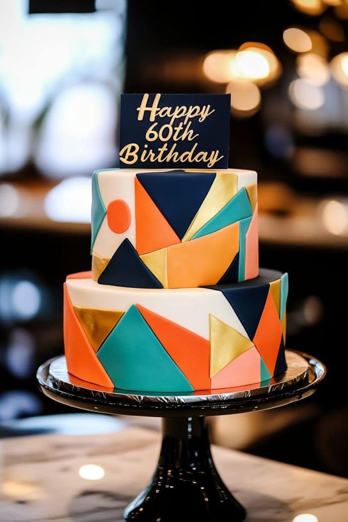 A two-tiered cake features bold geometric patterns in teal, gold, orange, and white. It is topped with a card reading "Happy 60th Birthday," and is set on a black cake stand with a blurred background.