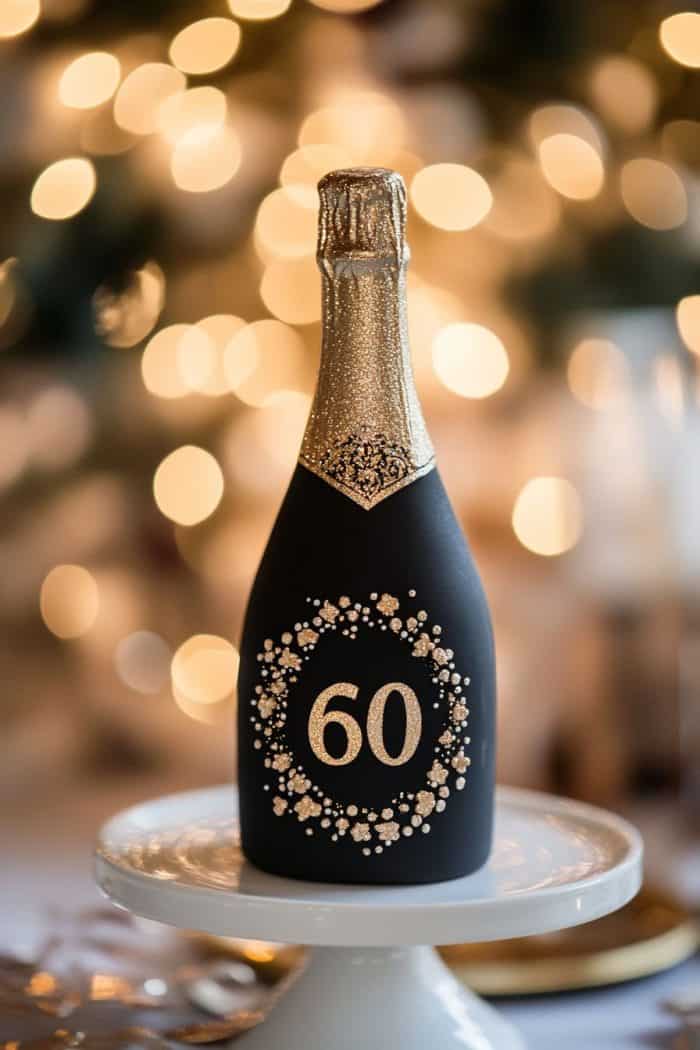 A black champagne bottle with gold foil features a "60" surrounded by a decorative wreath pattern. The bottle is placed on a white stand, with warm, blurred lights in the background, creating a celebratory atmosphere.