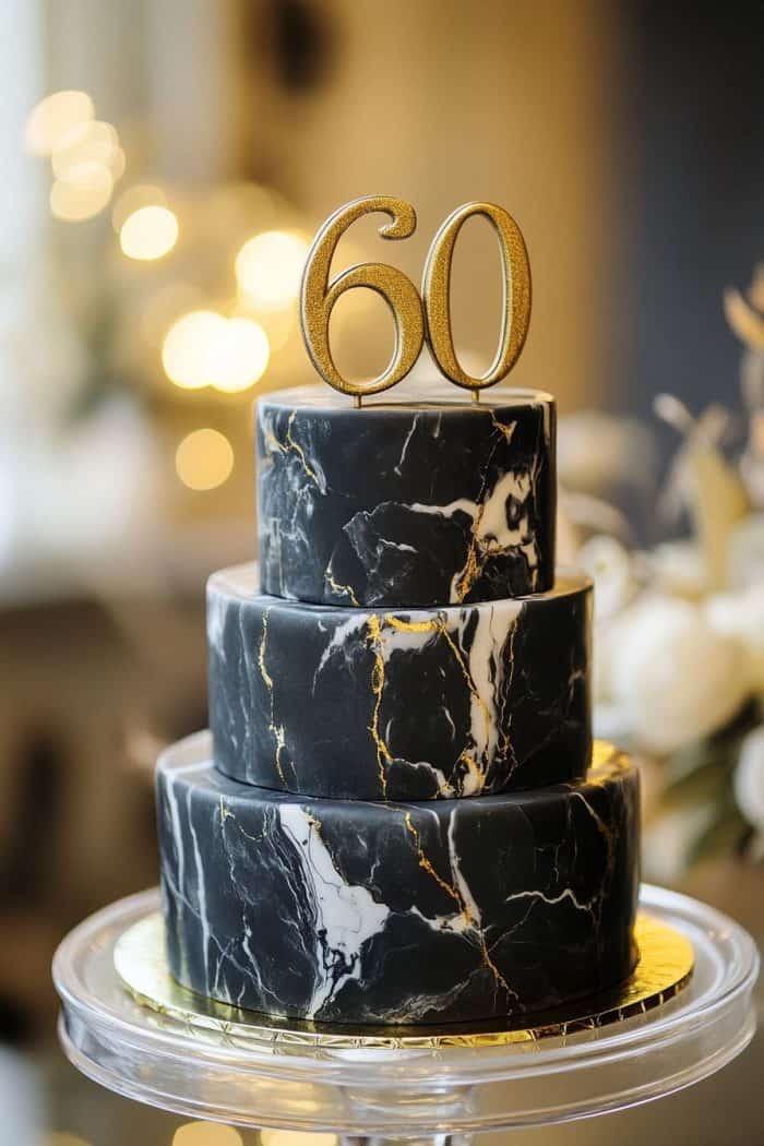 A three-tier black marble cake with gold veins, topped by a gold "60" decoration. The cake is set on a clear stand with a blurred background featuring soft, warm lights.