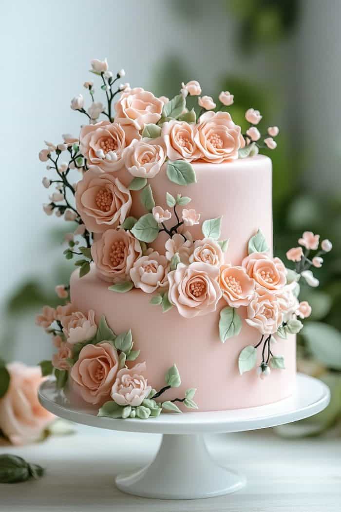 A two-tiered cake decorated with intricate pink roses and green leaves. The cake has a smooth, pastel pink frosting, set on a white cake stand, with a soft-focus background of more flowers and greenery.