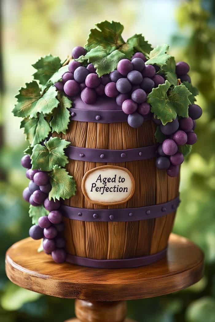 A cake designed to look like a wooden wine barrel adorned with clusters of purple grapes and green leaves. A small plaque on the barrel reads "Aged to Perfection." The cake is displayed on a wooden stand.