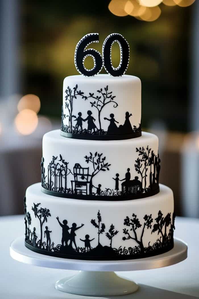 A three-tiered white cake with black silhouette decorations depicting various scenes of people and nature. Topped with the number "60," it stands on a white pedestal against a softly blurred background.