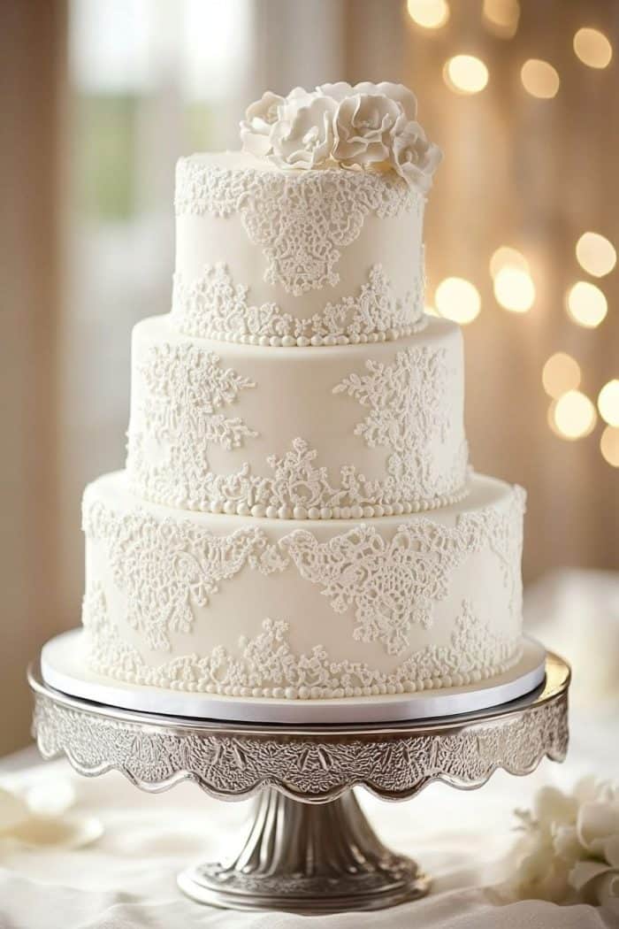 A three-tiered white wedding cake with intricate lace-like icing designs. It is topped with a white flower and displayed on an ornate silver stand. Soft, warm lights create a bokeh effect in the background.