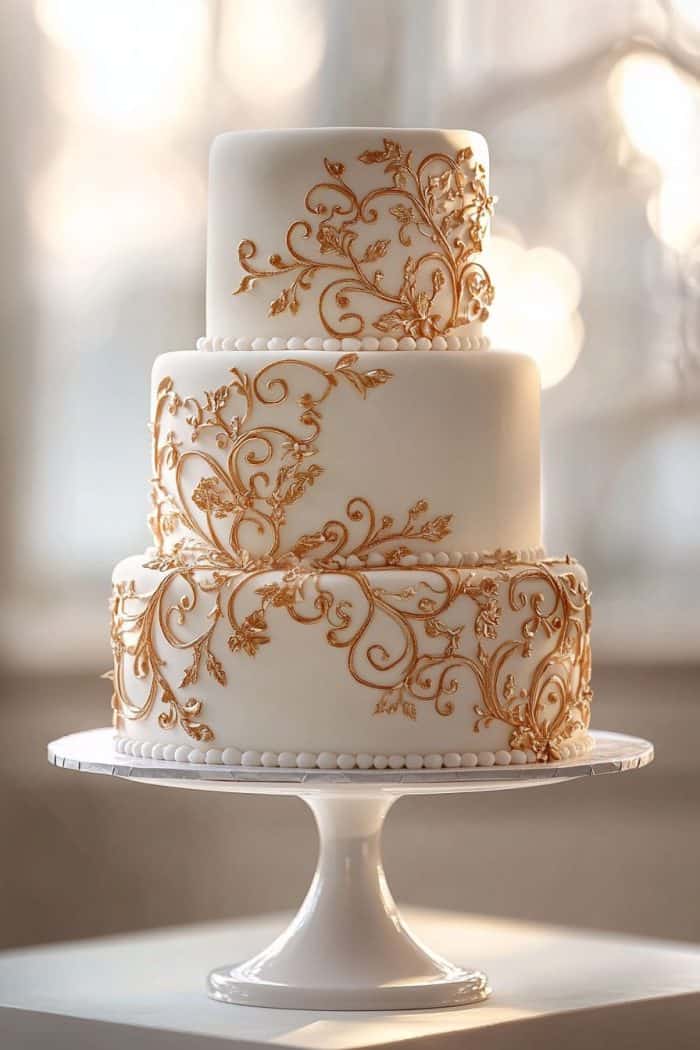 A three-tiered white cake elegantly decorated with intricate gold floral patterns stands on a white cake stand. Sunlight softly illuminates the background, highlighting the cake's detailed design.