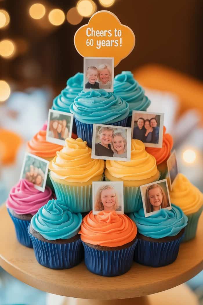 A tiered cupcake display featuring colorful cupcakes with blue, yellow, and pink frosting. Topped with a sign that reads "Cheers to 60 years!" Each cupcake is decorated with a small photo of different people. Twinkling lights in the background.