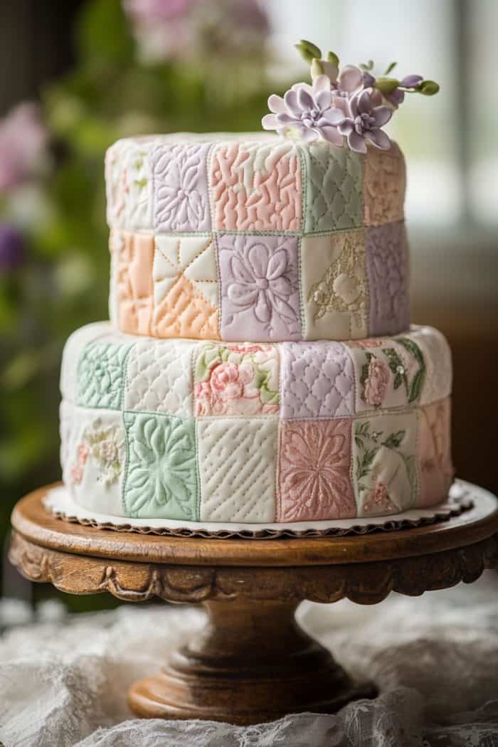 A two-tiered cake on a wooden stand, decorated with pastel quilted patterns and intricate flower designs. The top is adorned with purple and white sugar flowers. The background is softly blurred with green and pink hues.