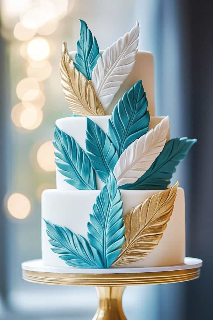 A three-tier white cake adorned with large, detailed fondant leaves in teal, gold, and white. The leaves cascade beautifully down the cake. It sits on a gold stand, with a softly blurred background of warm bokeh lights.