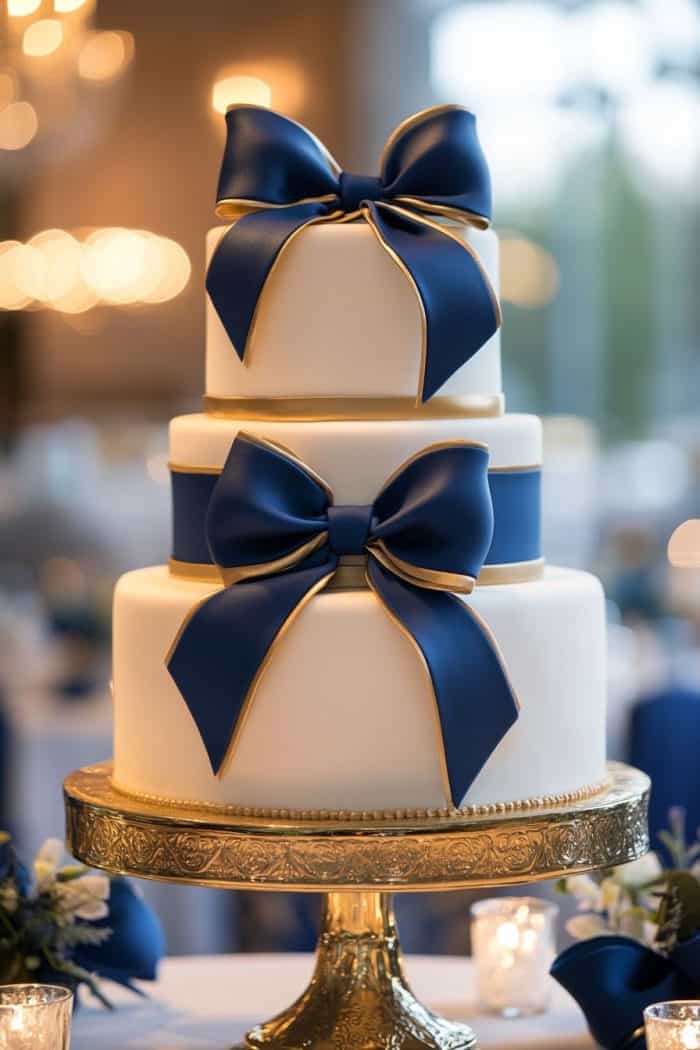 A three-tiered white cake adorned with large navy blue bows sits on an ornate gold cake stand. Soft lighting creates a warm ambiance, with blurred lights in the background and floral decorations around the base.
