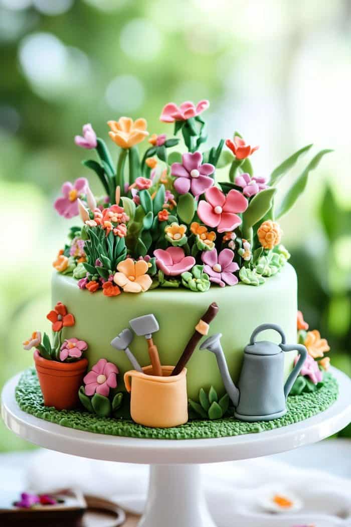 A decorative cake adorned with fondant flowers, a watering can, and gardening tools sits on a white cake stand. The cake is pastel green with vibrant orange, pink, and purple flowers, set against a blurred green background.