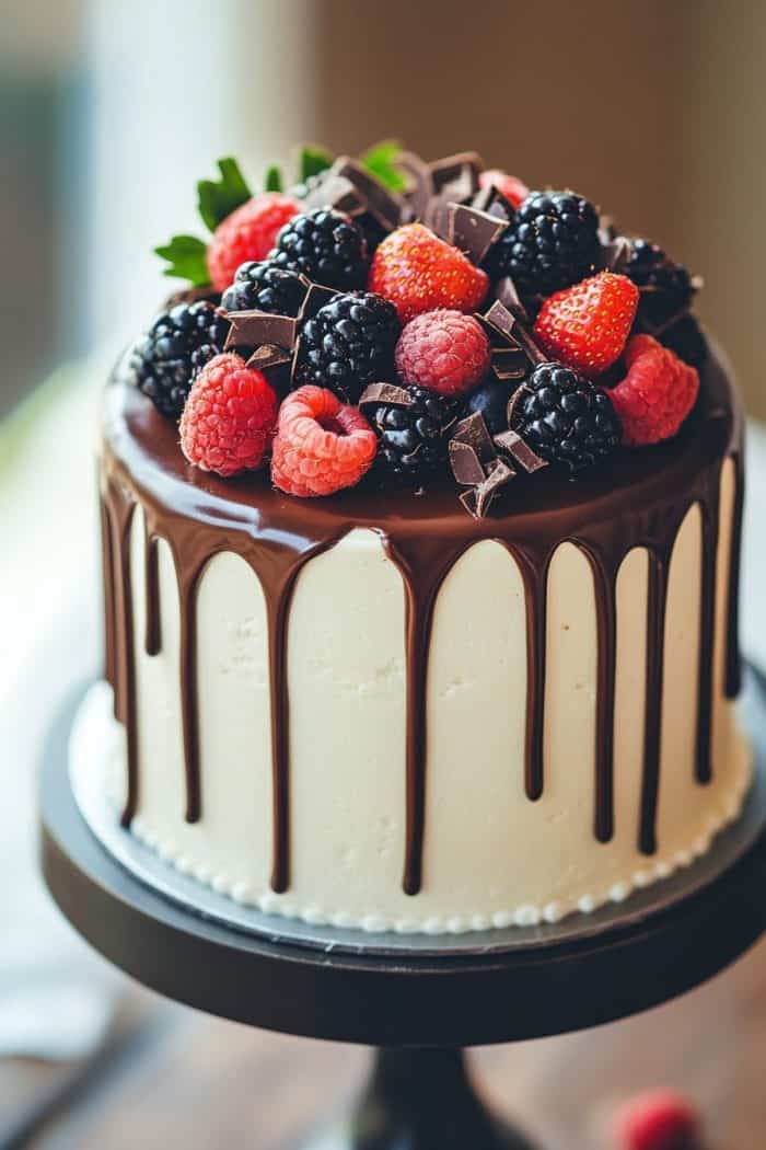 A tall cake with smooth white frosting and chocolate ganache dripping down the sides. It is topped with fresh blackberries, raspberries, strawberries, and chocolate pieces, placed on a dark cake stand.